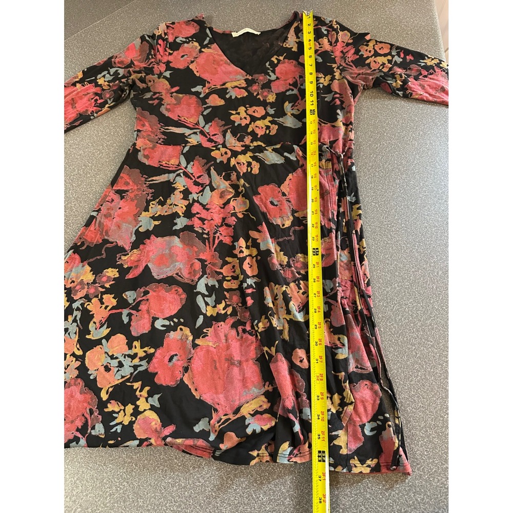 Peruvian Connection Floral Surplice Wrap Dress Large Black Pink Boho - Picture 5 of 6